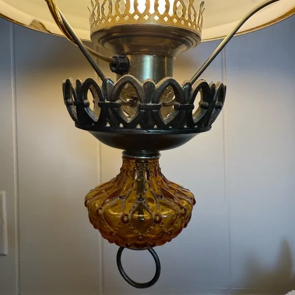 Vintage Swag Hanging Lamp Milk Glass Globe Light Hurricane Floral brass chain